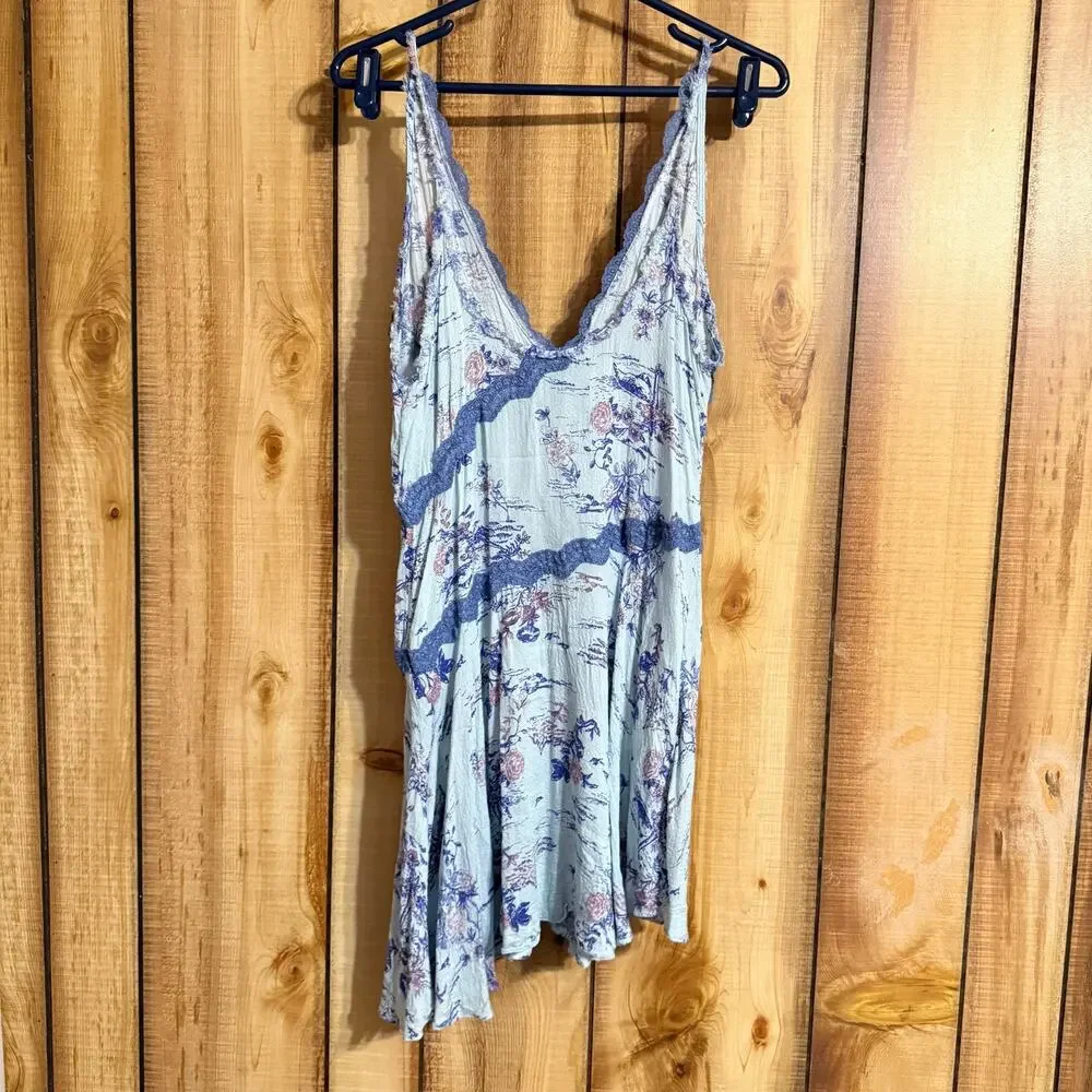 Free People Slip My Mind Trapeze Dress Blue Floral Lace Mini Size Small